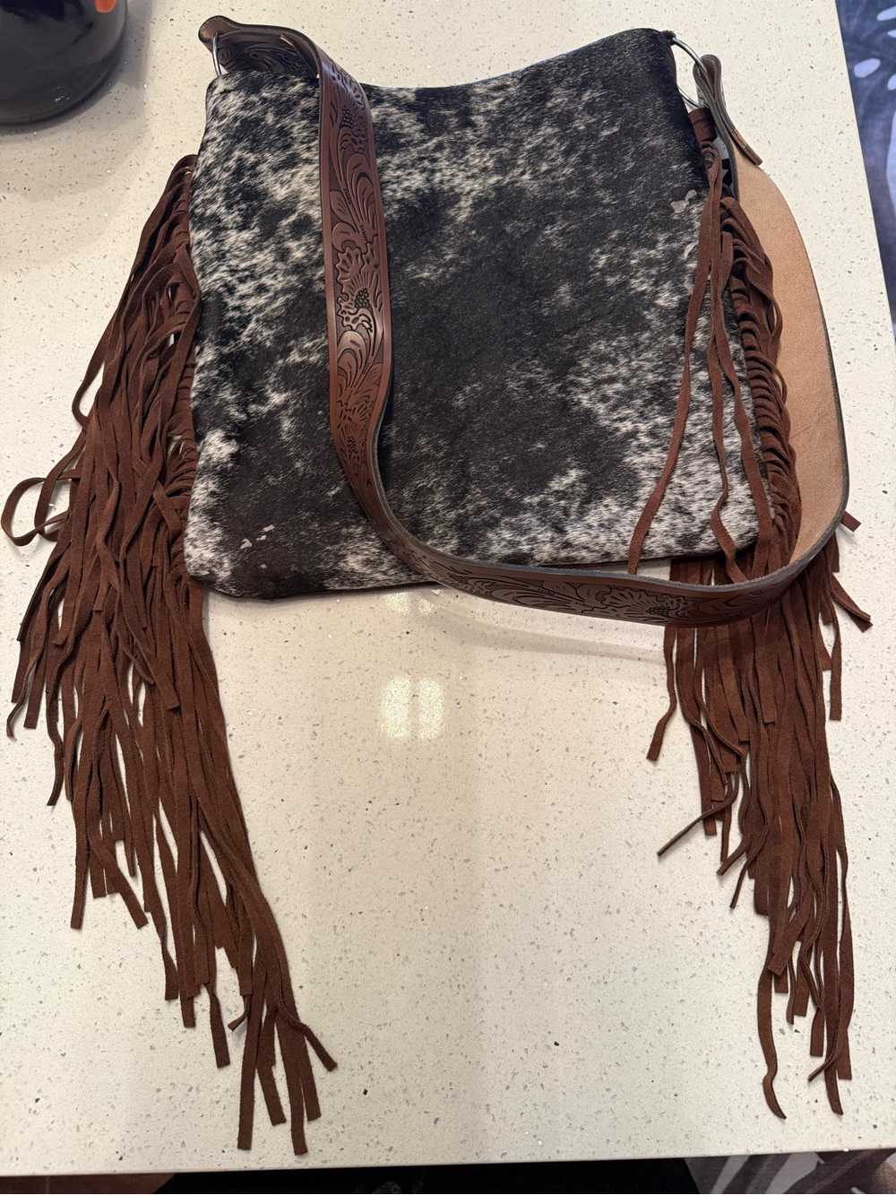 Fringe Crossbody Bag with Black and White Haircalf Panel